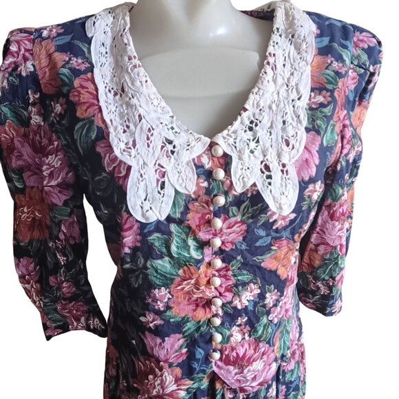 10P Vintage 80's Floral Midi Granny Cottage Dress With Lace Collar & Tied Waist - Picture 5 of 8
